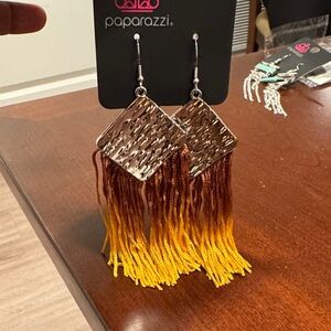 Paparazzi Silver Earrings with Yellow and Brown Fringe